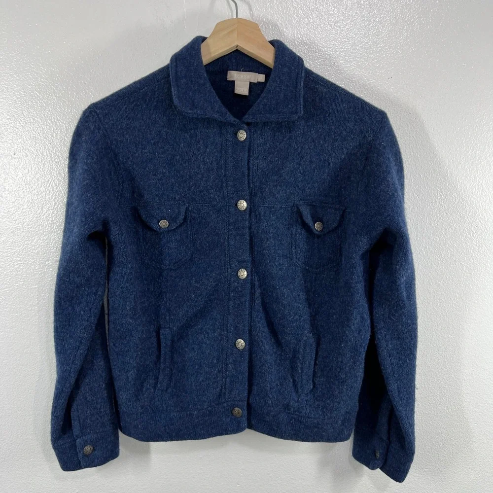 J.Crew Wool Bomber Style Jacket Women's Large Navy Button Front Pocket Coat